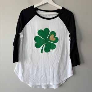 Wound Up Women's St Patricks Day Shamrock Gold Heart Raglan Baseball Tee Large